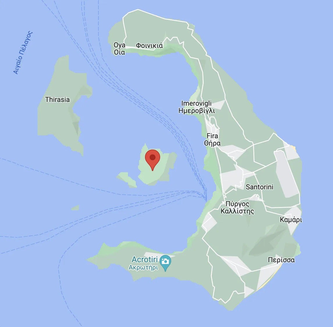 Captura de Google Maps mostrando la caldera de Santorini